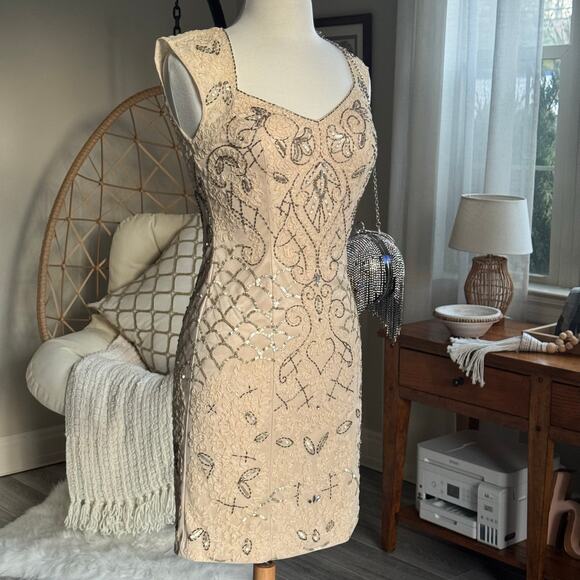 Sue Wong Embellished Cocktail Dress Size 2 Champagne Beaded - Picture 5 of 16